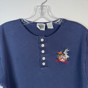 Vintage 90s Looney Tunes Women's Henley T-Shirt Navy Blue Size XS